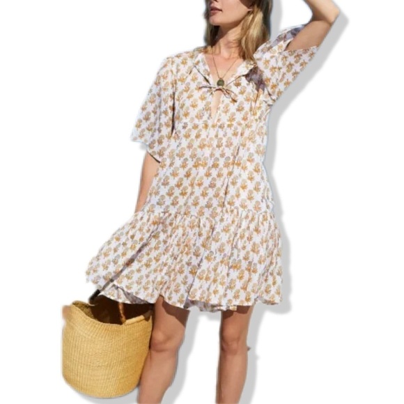 Shade Amour 100% Cotton Tiered Floral Print Tie Front Short Sleeve Mini Dress L - Picture 2 of 12